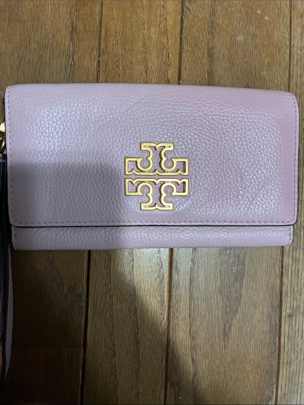 Tory Burch Pink Pebbled Leather Wristlet Wallet with Gold Logo